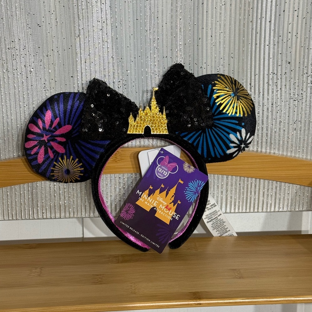 Disney Minnie Mouse Main Attraction Fireworks Ear Headband with Gold Castle